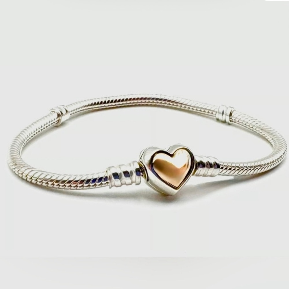 Pandora Silver and Gold Heart Bracelet with charms 7 inches